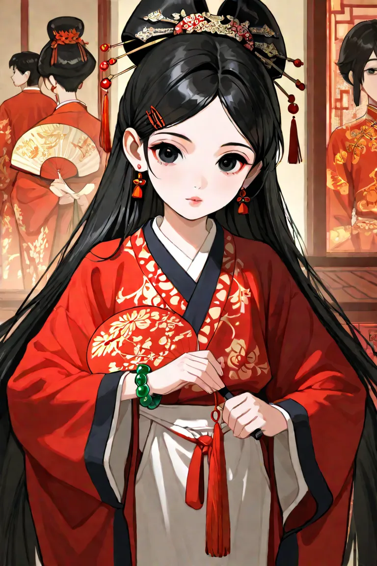 beautiful young man, long black hair, black eyes, male geisha, male courtesan, red clothes, slender-waisted, delicate figure, man dressed as woman, hairpins, light makeup, earrings, chinese style room, jade bracelet, chinese fan, dance.