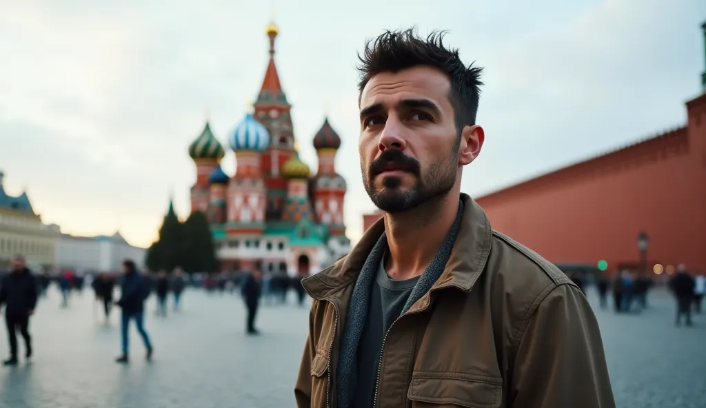 A curious Armenian man with a narrow face, prominent nose, thick eyebrows, and short, curly hair sticking upwards stands in Red Square, visible from the waist up. His facial hair consists of a pointed chin beard seamlessly connecting to his mustache. His e...