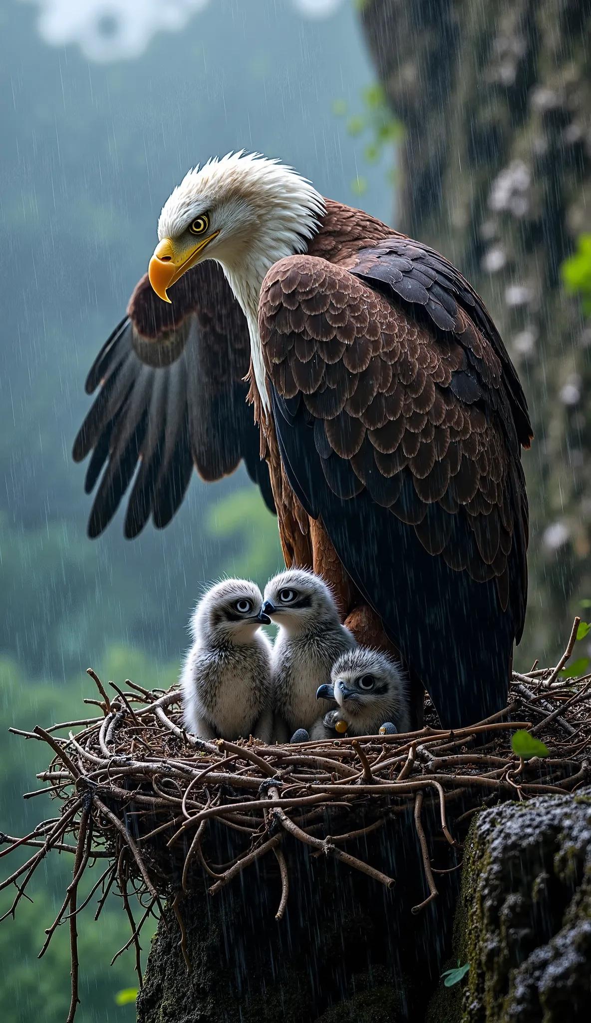 A photo of a majestic eagle sheltering her baby eaglets from a heavy rainstorm. The scene is set in a rugged, natural environment, such as a cliffside nest with a dramatic, stormy sky in the background. The mother eagle's wings are spread wide, providing a...