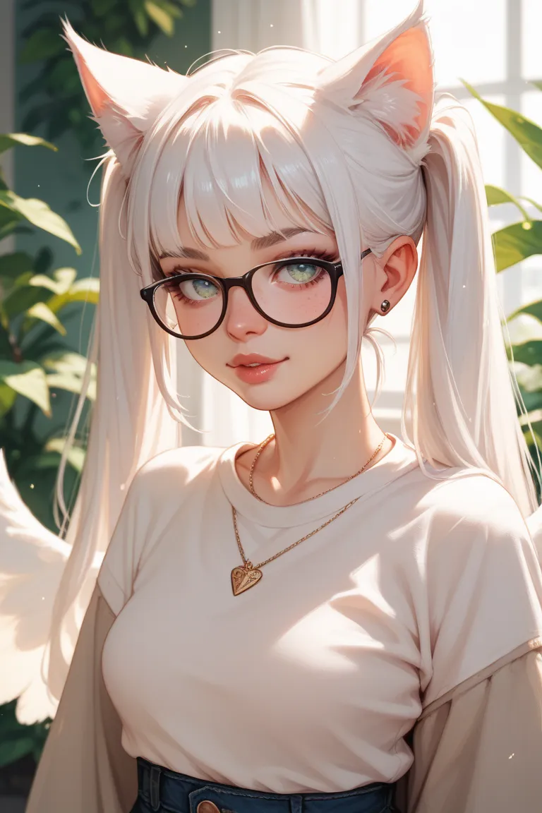 A nerdy Catgirl  wearing glasses and angel cloths with can eyes and long white hair in twin tails 
