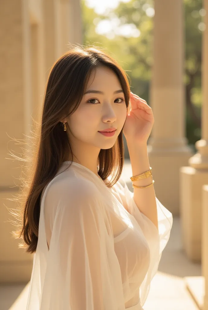 A slender, petite South Korean girl named Mina approaches with graceful, fluid movements, her long, straight black hair shimmering like silk under the golden light of the heavenly realm. Her almond-shaped eyes, dark and expressive, lock onto yours with a w...