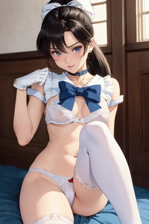 ((top quality)), (( masterpiece)), ( details), perfect face on your fingertips,white gloves, White Knee Socks,Naughty Bishoujo Senshi Sailor Moon shows off her tiny panties, Small Bra,micro bikini,Knee Socks,ponytail,
