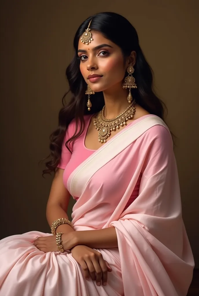 indian woman wearing white and pink crepe saree,pink sleeveless tight tshirt,very large bust,photorealistic,detailed facial features,sitting pose,serene expression,5k,high quality,ultra detailed,realistic,ornate jewelry,silk fabric textures,diffuse studio ...