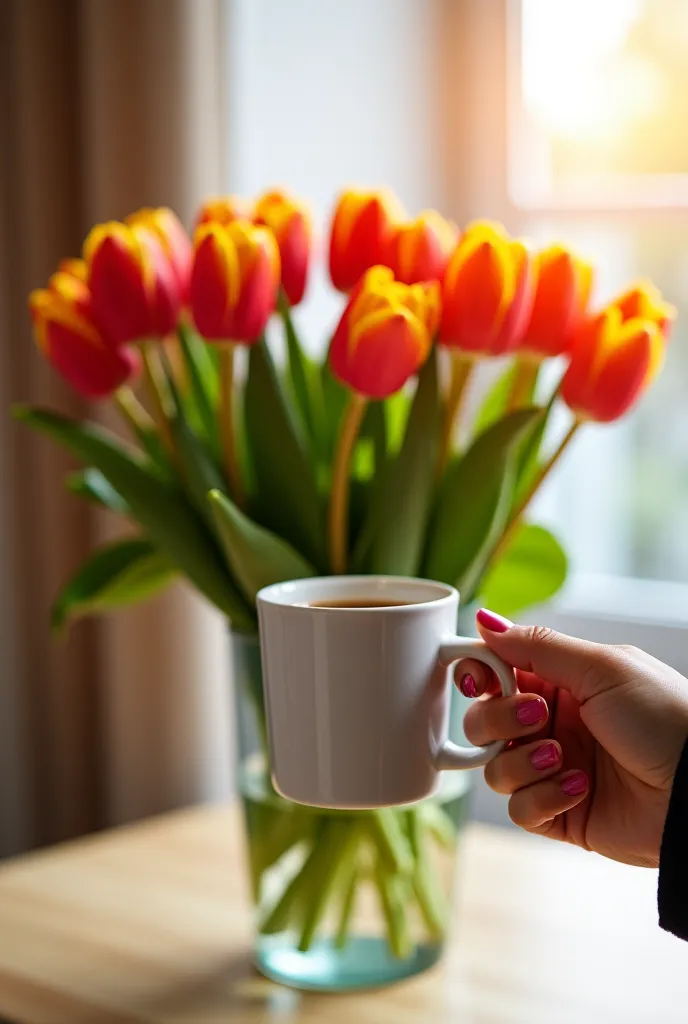  the most realistic photo, alive . A woman's hand holds a mug of coffee, against the background of a lush bouquet with tulips, that stand in a transparent vase of water. apartment background, bright walls , the sun's rays fall on the flowers. portrait phot...