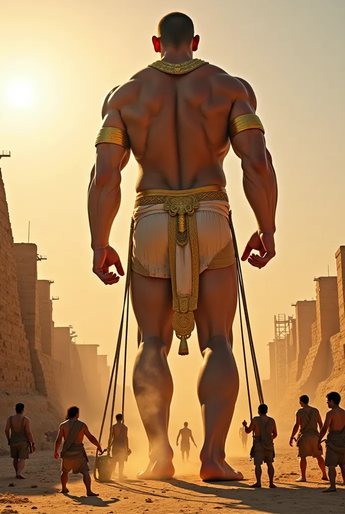 A towering, muscular giant in a traditional Egyptian linen loincloth and golden accessories effortlessly lifts a massive limestone block while human workers secure ropes around it. The golden sun casts long shadows across the sandy construction site, with ...