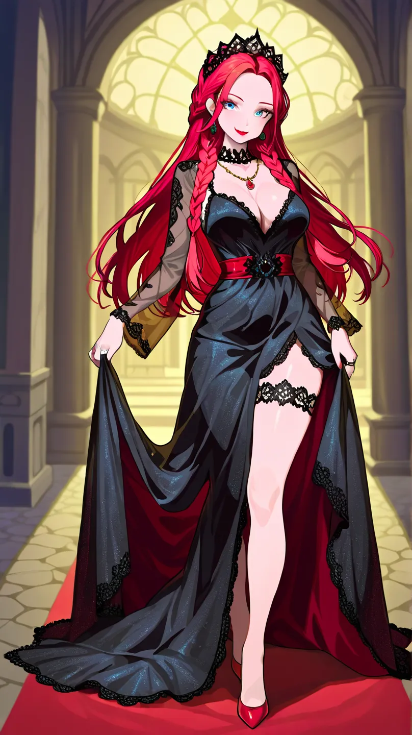 red long hair with braids; glittery queen headdress; glittery long black lace princess dress with transparent sleeves, lace black trim; open thigh dress; black lace thigh fix and sash; red stilettos; big breasts; full body; earrings, rings, necklace; blue ...