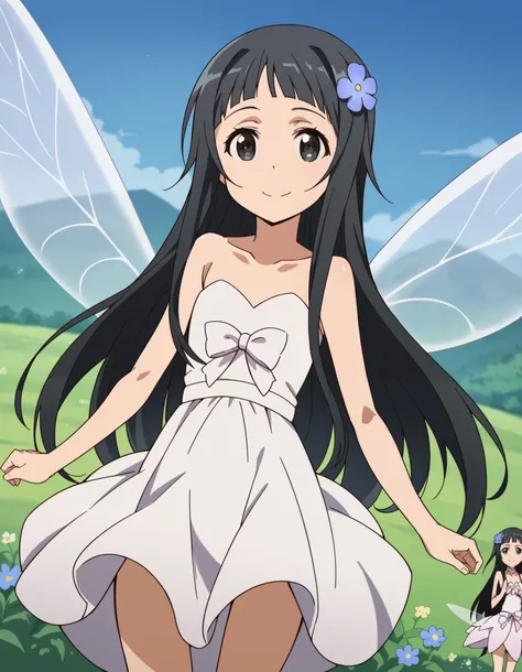 score_9, score_8_up, score_7_up, source_anime,
saoyui, yui, long hair, bangs, black hair, hair ornament, very long hair, flower, hair flower, black eyes,
dress, bare shoulders, collarbone, wings, fairy wings, fairy,
outdoors, landscape, smile,
cowboy shot,...