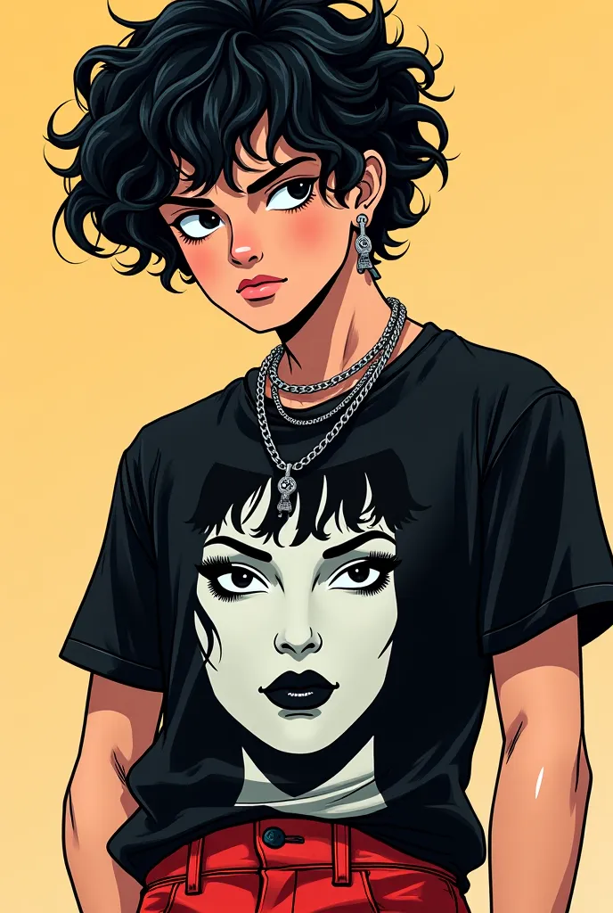 Create an image of comic book style in the DC art style Current by illustrators DC, image of an 18-year-old male character,  he has curly hair  (curly) and black with a full fringe in the front of his forehead, a fringe of length up to his eyebrows, his Th...