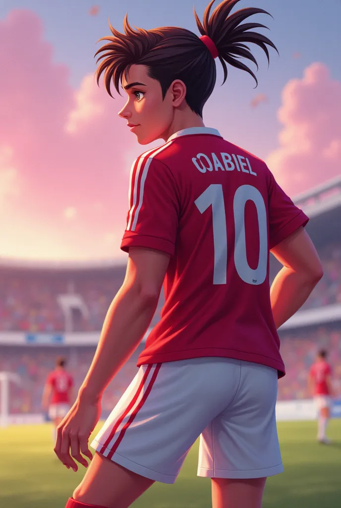 Genere moi une image de : Un Garçon brun cheveux bouclé s'appelant Gabriel avec le numéro 10 au dos réalisent une passe au Football en plein match avec en plus de ça un style tres anime et une aura rose autour de mon personnage 