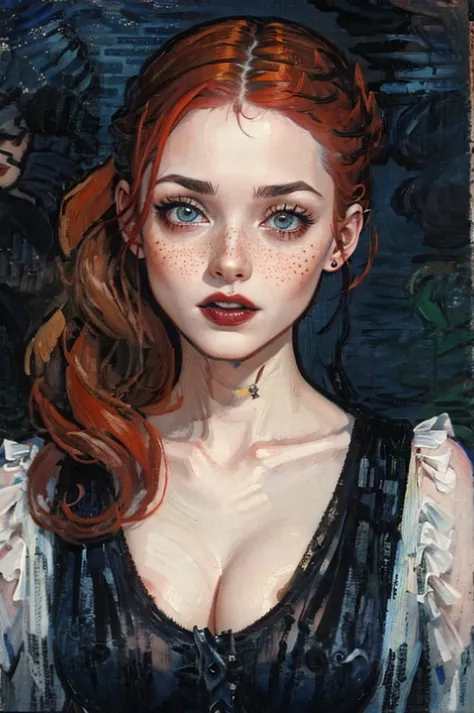 one person, one woman, a drawing, a painting, illustration, EdgarDegras, detailed woman portrait with black hair, 18 year old woman, red hair, freckles, pubic hair, perfect nipples, perfect vulva, glistening skin, adult woman, adult wednesday addams, goth ...