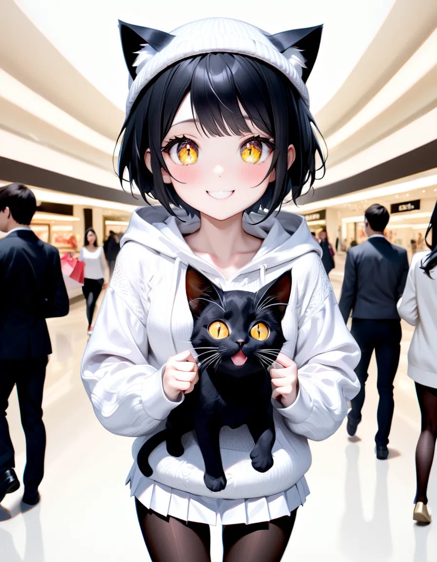 best quality, masterpiece, ultra high res, (Photorealistic:1.4), RAW photo, break
((adult woman)),(((beautiful black hair,Very Short Hair,white knitted hat with cat ears,A black cat's tail is growing))),break
((cute smile, full body photo)),break
((Elongat...