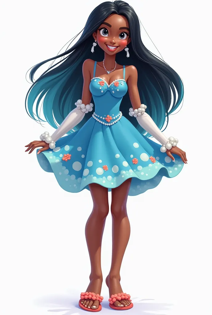 Make a young black heroine, in 2D style, with long straight black and blue hair at the ends. She has a blue dress with bubble and coral details, large pearl-colored gloves and coral-colored sandals. She has a cheerful and somewhat shy expression and has th...