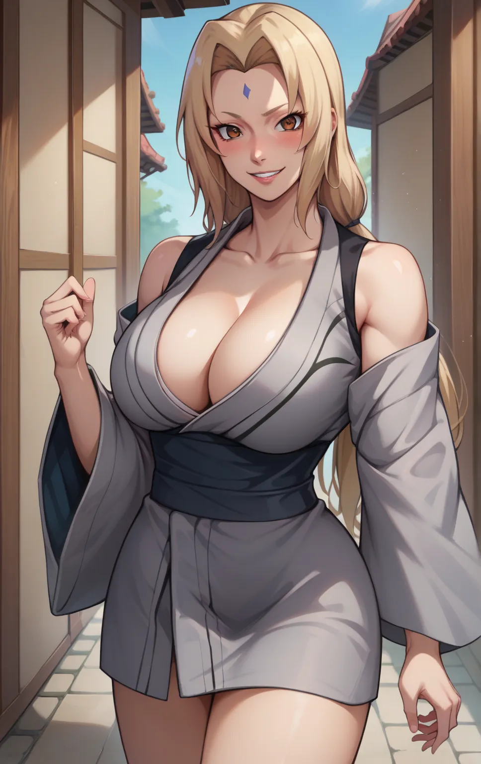 score_9, score_8_up, score_7_up, score_9, source_anime, BREAK   TsunadeSDXL, 1girl, solo, long hair, breasts, looking at viewer, blush, smile, bangs, blonde hair, long sleeves, cleavage, bare shoulders, brown eyes, standing, collarbone, thighs, parted lips...