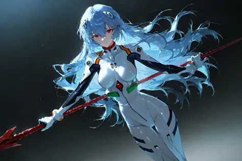 masterpiece,best quality,amazing quality,very aesthetic,absurdres,newest, (artist:quasarcake:0.3),1girl,plugsuit,solo,long hair,ayanami rei,white bodysuit,red eyes,breasts,blue hair,bodysuit,holding,looking at viewer,weapon,interface headset,medium breasts...