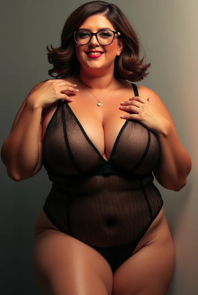 Sexy chubby mature milf. Nylon. Dessous. Bodysuit. Lingerie. Short brown hair. Red lips. Smiling. Glasses.