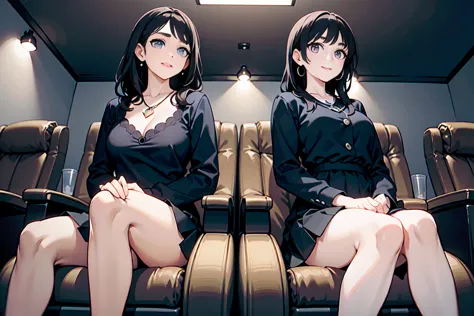 Dark movie theater、 Darkness、No windows,two women watching a movie in the seat next to each other,movie screens,  not looking at the camera  ,sitting on a movie theater chair, Composition viewed from below,  Woman on the right   :movie screensを見る、Compositi...