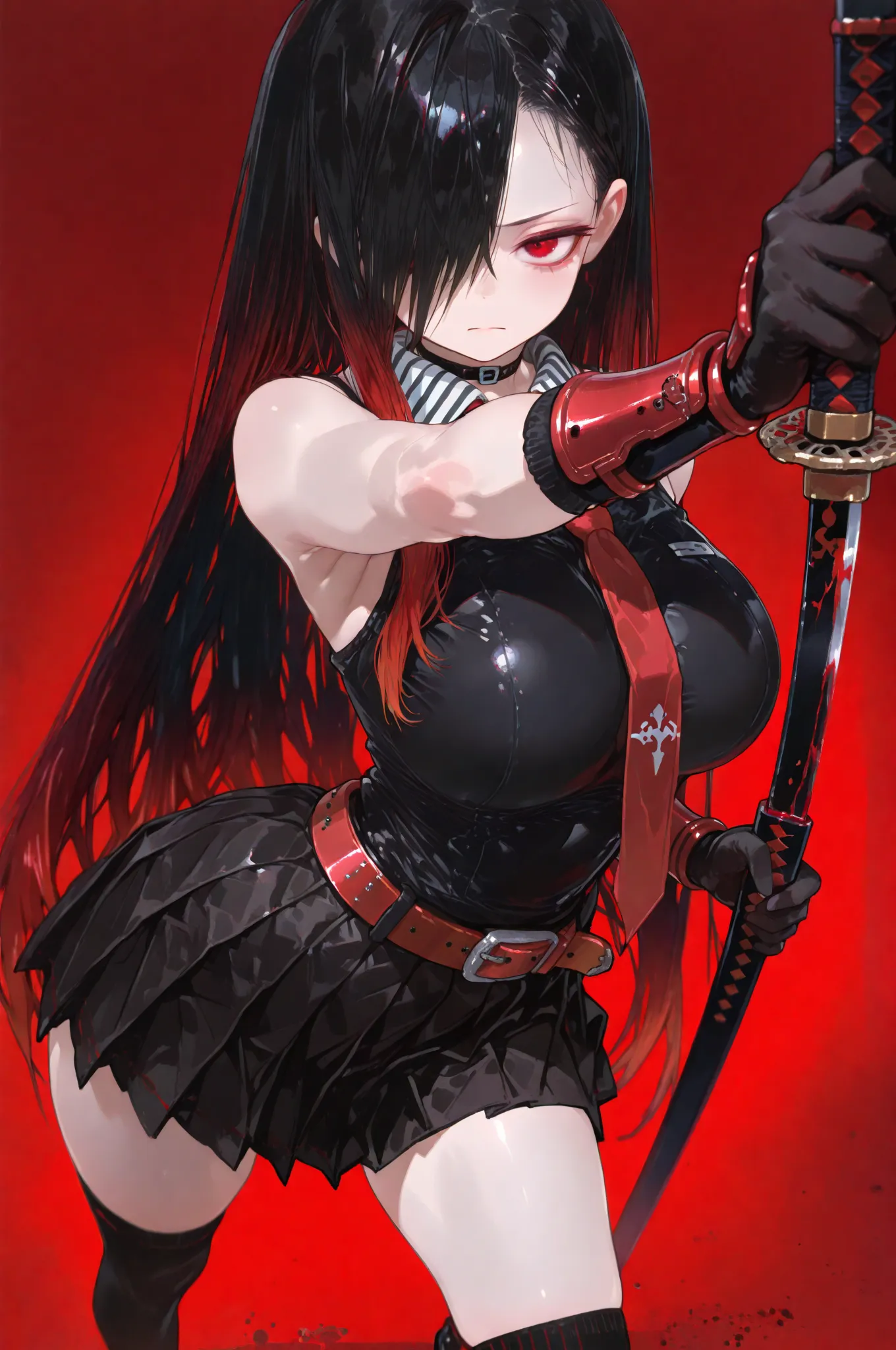 masterpiece, best quality, amazing quality, very aesthetic, from above, 1girl, Kuroki Monika, red eyes, gradient hair, black hair, red hair, long hair, asymmetrical hairline, hair over right eye, (large breasts), (petite but curvy), akame_/(akame ga kill!/...