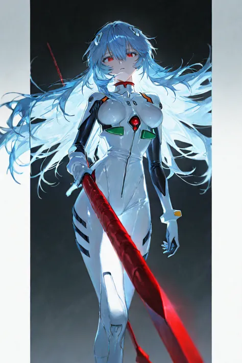 masterpiece,best quality,amazing quality,very aesthetic,absurdres,newest, (artist:quasarcake:0.3),1girl,plugsuit,solo,long hair,ayanami rei,white bodysuit,red eyes,breasts,blue hair,bodysuit,holding,looking at viewer,weapon,interface headset,medium breasts...