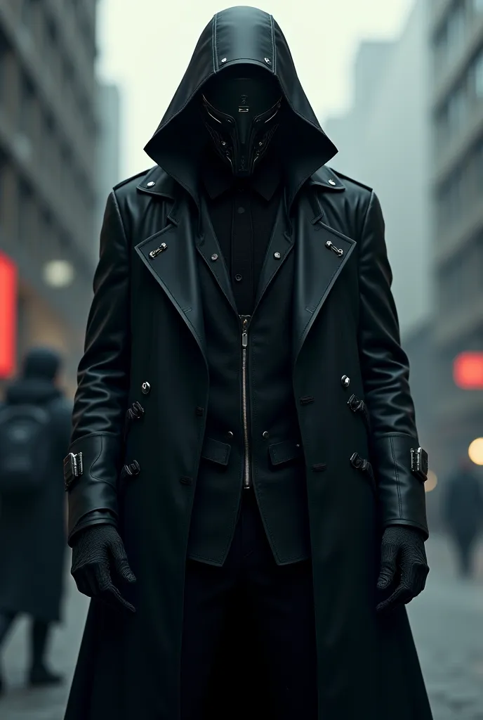 man, In black cyber clothes,  overcoat ,  mask covers the entire face 