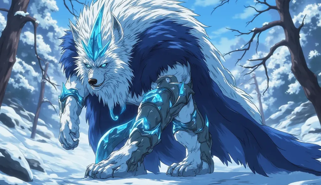 Full body shot of a giant extremely muscular and cold looking White and Blue furred humanoid Wolf with cold glowing Ivy Blue eyes, his long fur color resemble the Ice, with large Magical Ice spikes on his arms and back, wearing a heavy fantasy frost armor ...