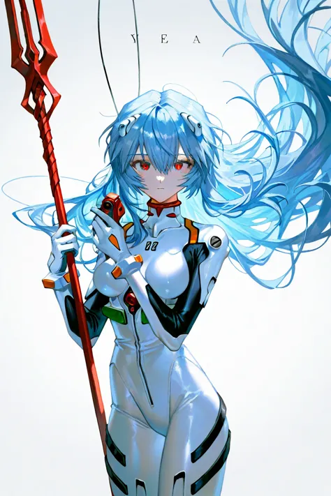 masterpiece,best quality,amazing quality,very aesthetic,absurdres,newest, (artist:quasarcake:0.3),1girl,plugsuit,solo,long hair,ayanami rei,white bodysuit,red eyes,breasts,blue hair,bodysuit,holding,looking at viewer,weapon,interface headset,medium breasts...