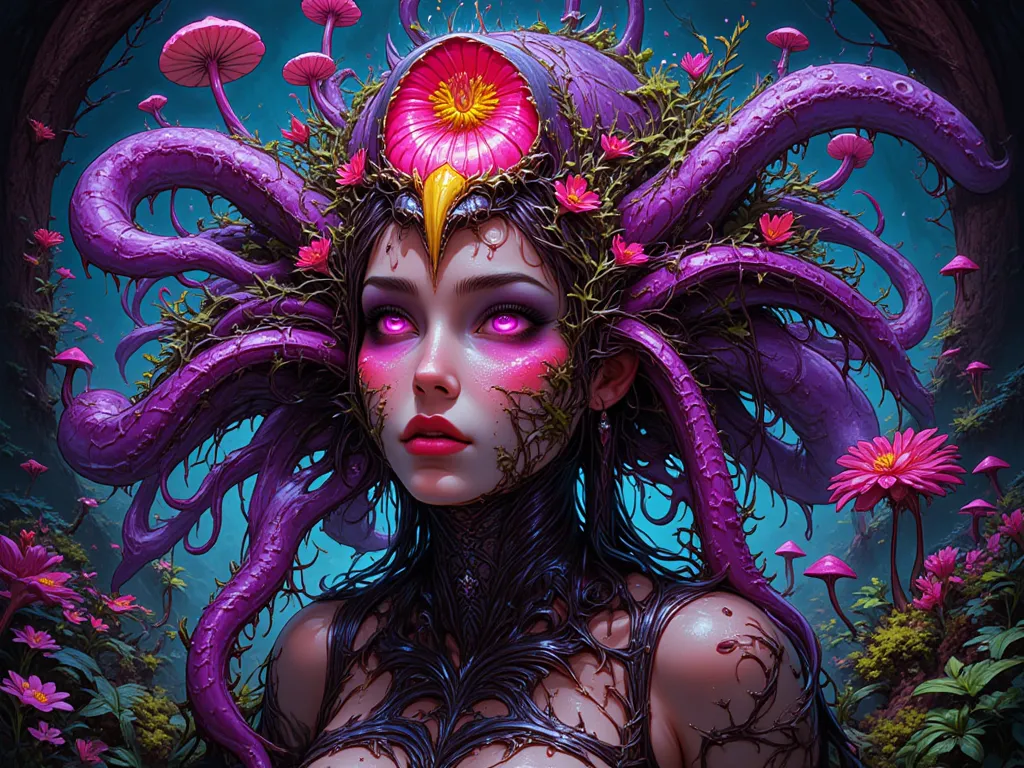 A highly detail beautiful carnivore plants and flowers woman, bursting of many tentacles, moss and mushrooms of many colors, biomechanic, a mix of nature and mechanical, iridescent fluorescent neon and colorful.