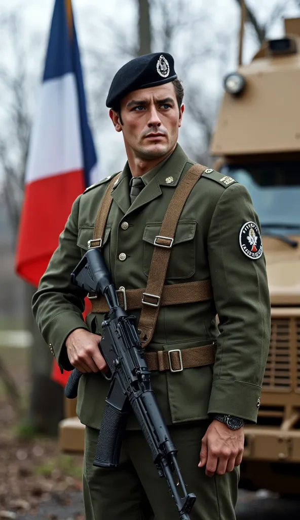 DELON, Alain Delon, homme soldat, uniforme militaire français complètement vert kaki de 2025, avec un béret noir, se tient debout avec des bottes noires, avec un fusil mitrailleur AK à la main et un véhicule blindé à l'arrière, drapeau français bleu blanc ...