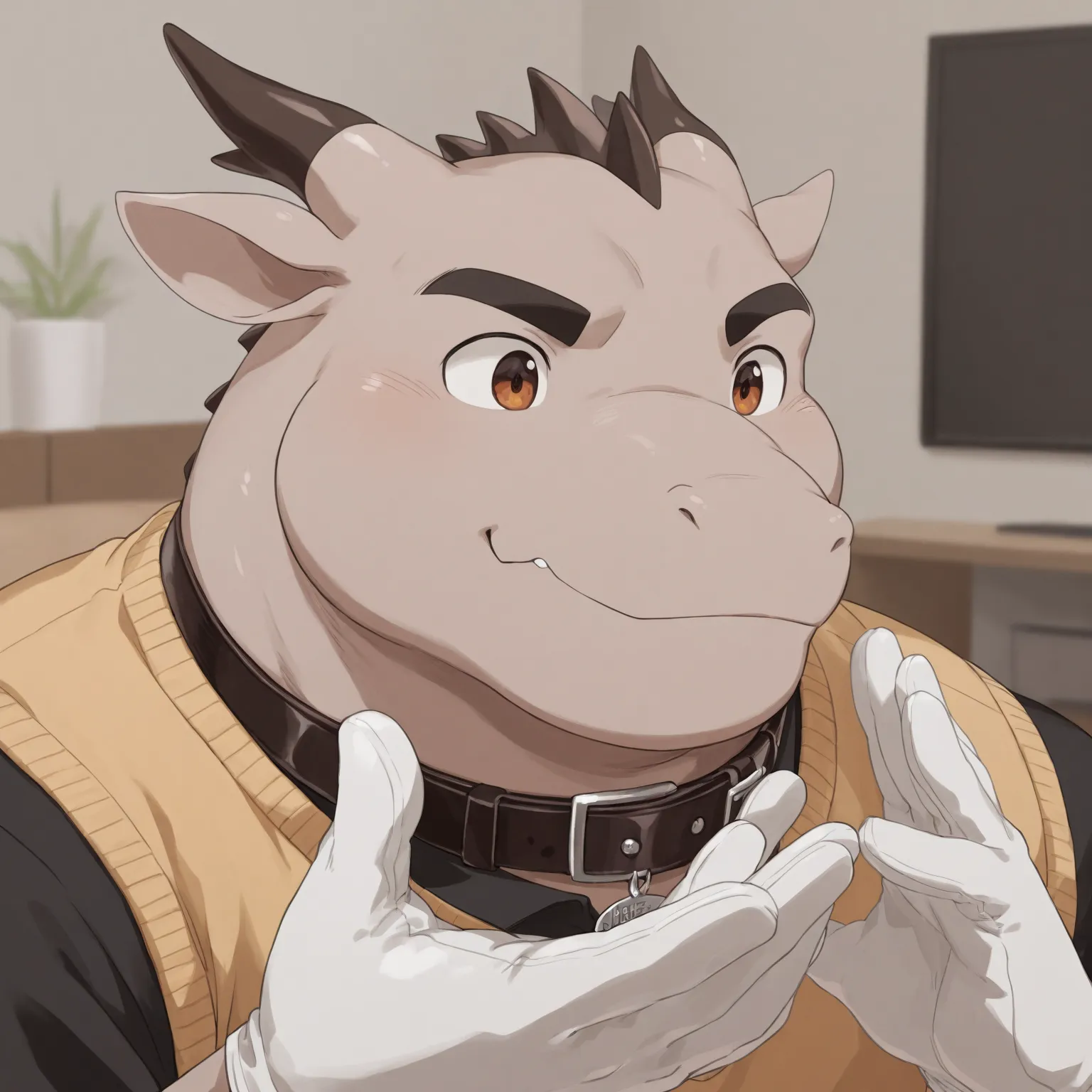 High Quality, close up, Male, Dragon, Anthro(Dragon),Chubby,(Black eyebrows:1.1),(Perfect eyes),Smooth Skin，（artist:Takemoto Arashi），Living Room background，claw，（Sweater-vest:1.3）。Wearing a Leather collar around his neck. Wearing fancy white gloves on his ...