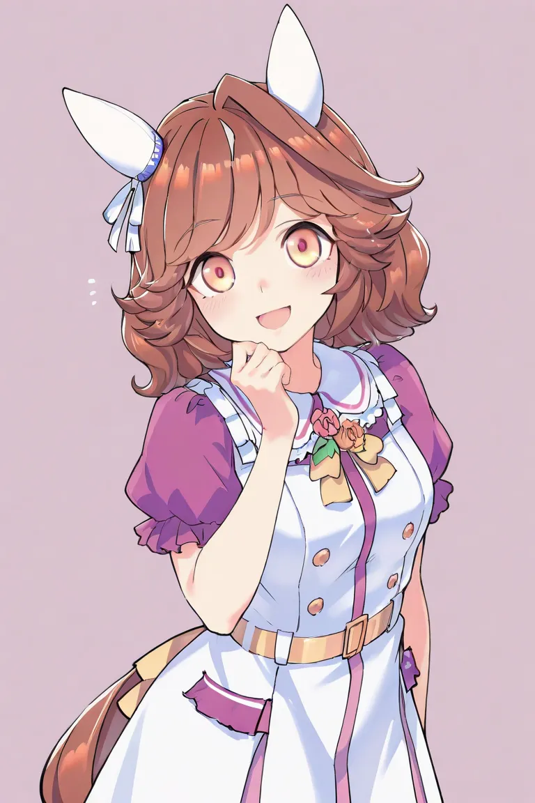 Waste  \(Uma Musume\), horse girl , horse ears,horse tail,brown hair,orange eyes, ear covers,ear ribbon ,