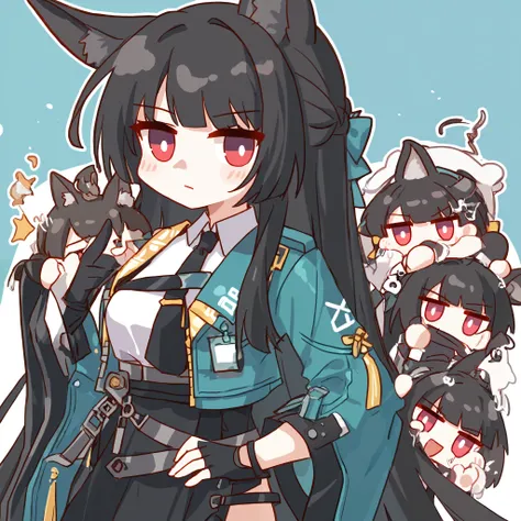 chibi, miyabihoshimi, miyabi hoshimi,animal ear fluff, animal ears, black hair, bright pupils, fox ears, fox girl, half updo, long hair, red eyes, sidelocks, white pupils, asymmetrical gloves, black gloves, black necktie, black skirt, blue jacket, collared...