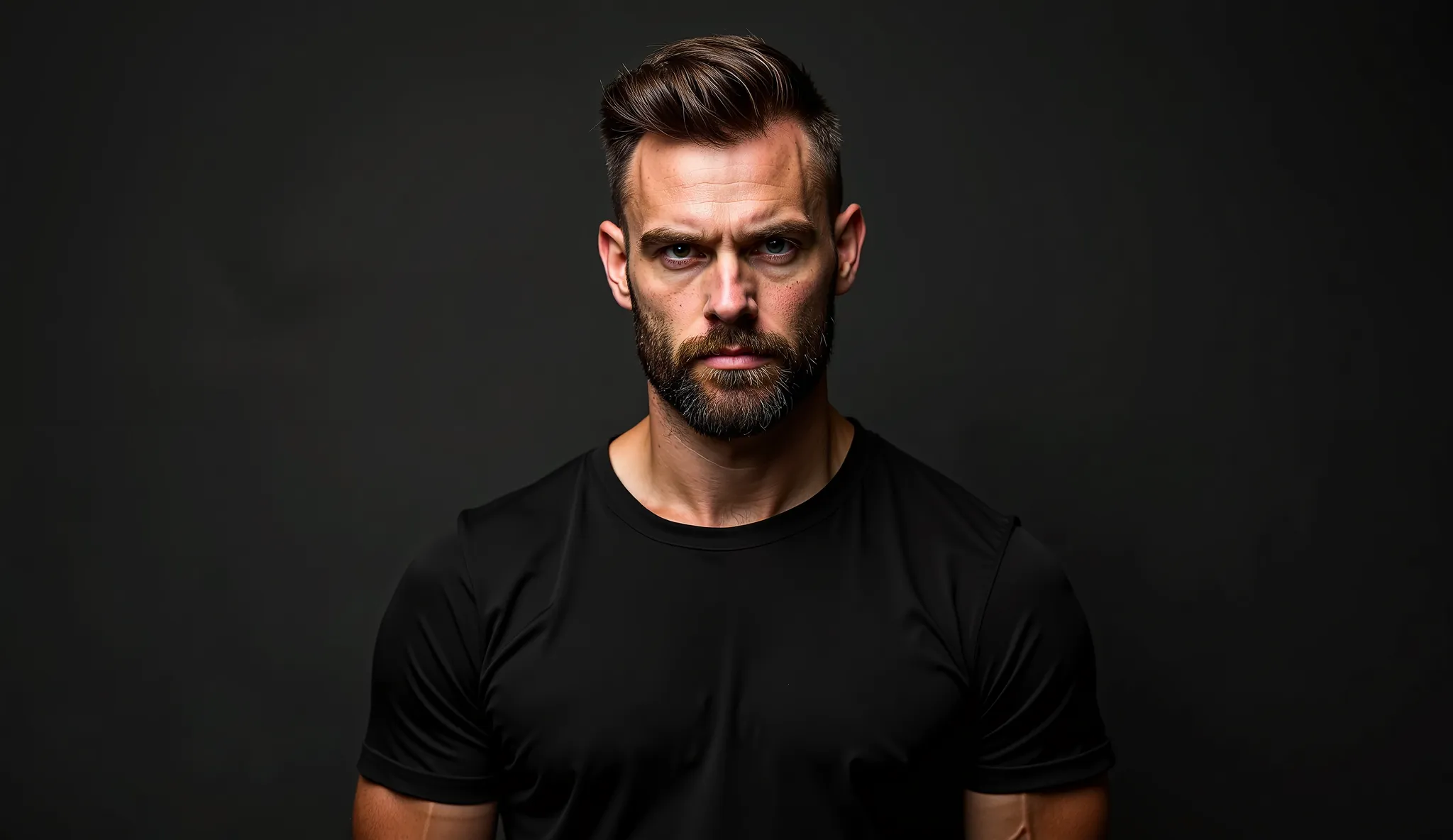 adult man, barbarian, black t-shirt, half body, serene face