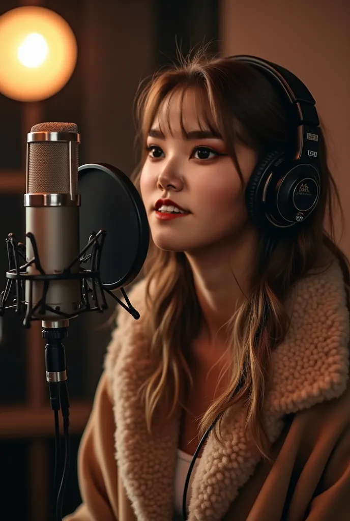 
a woman in a recording studio, with a serious expression, singing, wearing warm clothes
wearing headphones