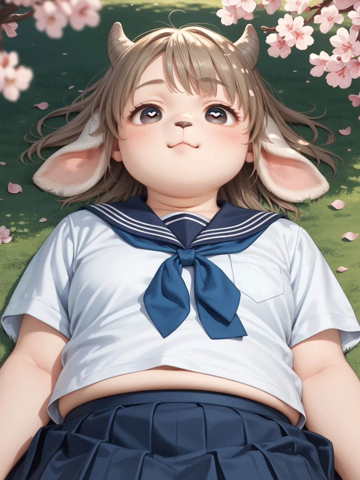 school uniform , in the park
, kawaii anime petit girl, round eyes , round face, single eyelid, bold pose, (chubby), out of frame
, Cherry blossoms , Heart pounding
, furry goat and realistic dog , couple
, erotica , lying back on Lawn , (dog on top , dog ...