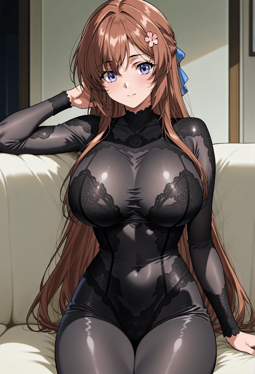 Aoi Kanzaki, Big Breasts, A woman with long brown hair and a pink flower clip, wearing a black lace bodysuit, lounging across a tufted sofa. One arm is draped over the armrest, while the other holds a glass delicately. Her expression is sultry and sophisti...