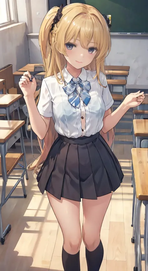 Highest quality,masterpiece,One person,Blonde,,Schoolgirl uniform,Short sleeve,very mini skirt,smile,classroom,see through ,summer ,Micro mini skart,手を後ろに繋ぐ,see through bra,