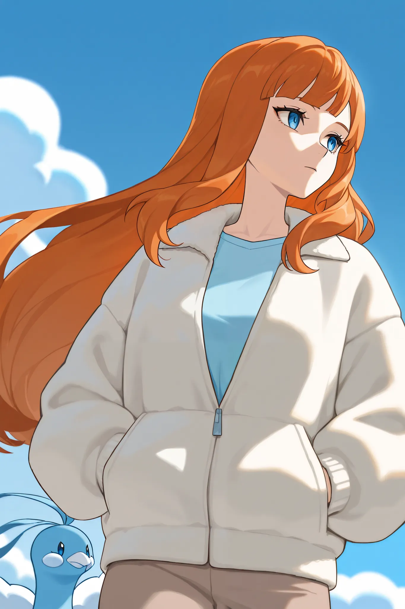 An anime girl staring off into the distance with the Pokèmon Altaria, 1girl, ginger hair, long hair, bangs, blue eyes, hands in pockets, mature, Altaria, blue sky background, highres, absurdres, best quality, 4k, genshin artstyle, light blue shirt, white f...