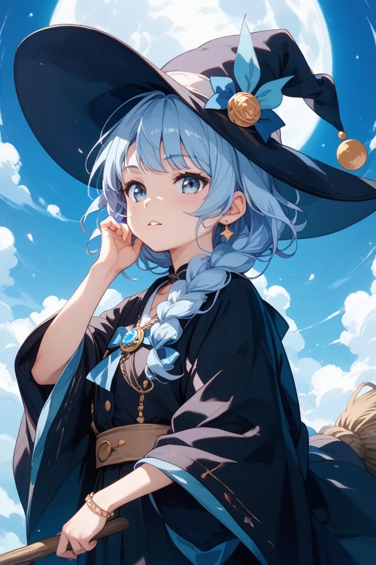  zitoida、neutral、is young、Wizard、broom、black robe、hat、light blue hair tied at the top、Perm、 doya face、big moon in the background