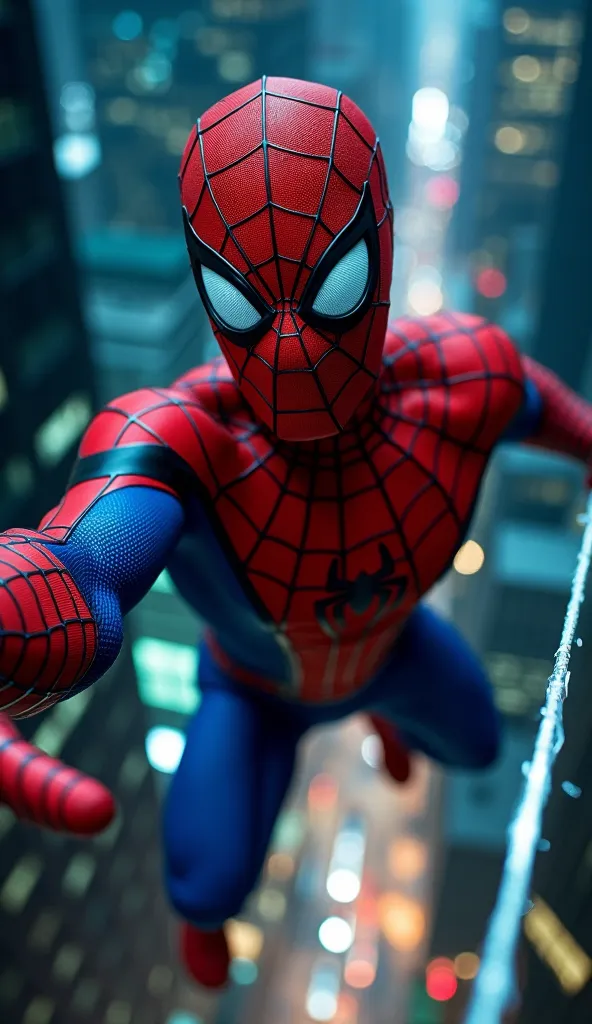 Capture from the lens of the cellphone with Spider-Man (Tobey Maguire)'s outstretched right forearm visible from the elbow in the lower right corner, capturing his pose hanging on a web between two skyscrapers at night, frontal and dynamic framing, face wi...