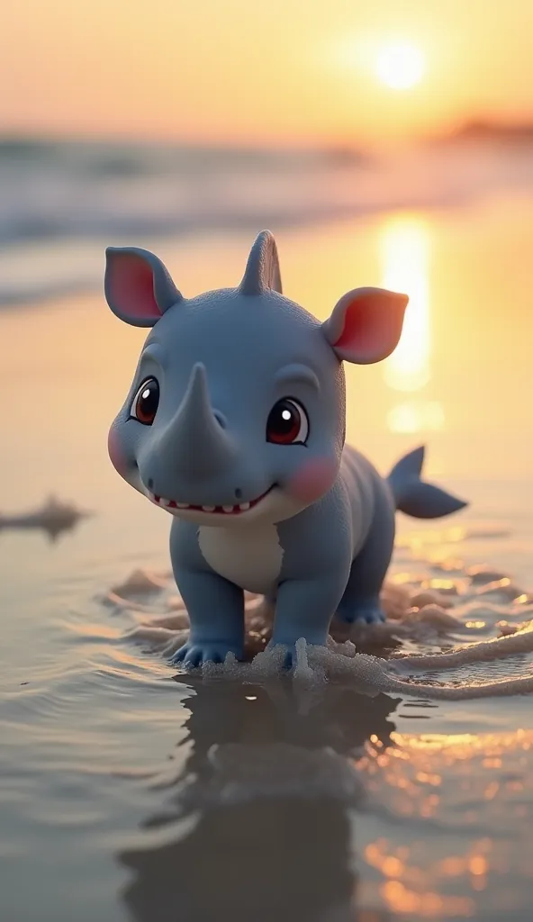 "An adorable creature combining features of a baby rhinoceros and A baby shark. Its body is rounded and cuddly, with a smooth skin that recalls that of a shark, but with small wrinkles and short legs like those of baby rhinoceros. like this in your head, t...