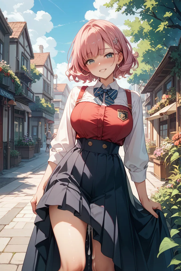 Outdoors、Being outside、pink hair、white collared shirt with bows, buttons, and frills、Long skirt with red buttons to hang over the shoulder、Bare legs、Big Breasts、sensitive、menhera、pee、Semen dripping down my thighs、