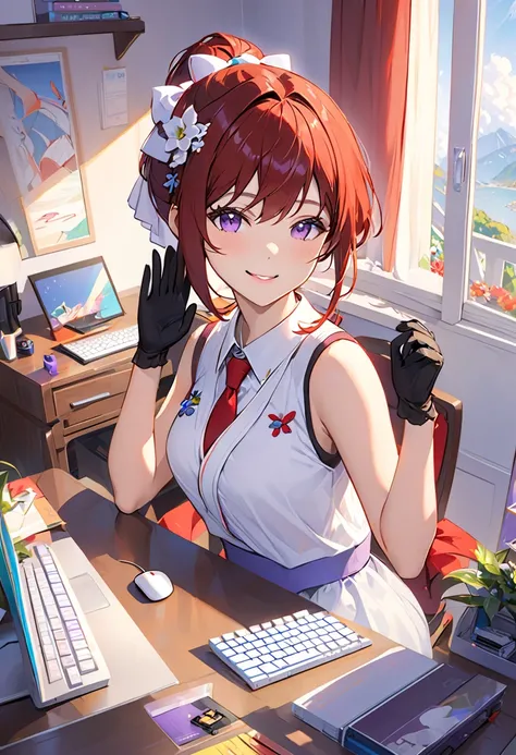 masterpiece, best quality, Twitch-chan, hair clip for hair, hair accessories, color shirt, sleeveless, tie,  gloves, sitting behind a desk, viewers, smile, waving, bedroom, bed,  computer mouse, keyboard with an organization of 