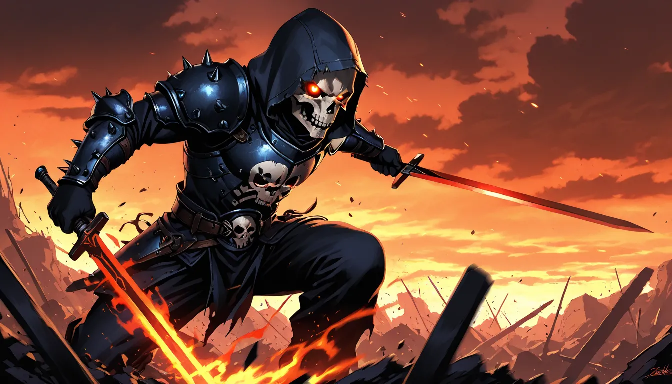 A hooded warrior with a skull face, glowing red energy streaming from its eyes, wielding a massive sword with high-speed motion blur effect, dark fantasy anime style, background filled with destruction and fiery orange sky, intense battle scene, dramatic l...