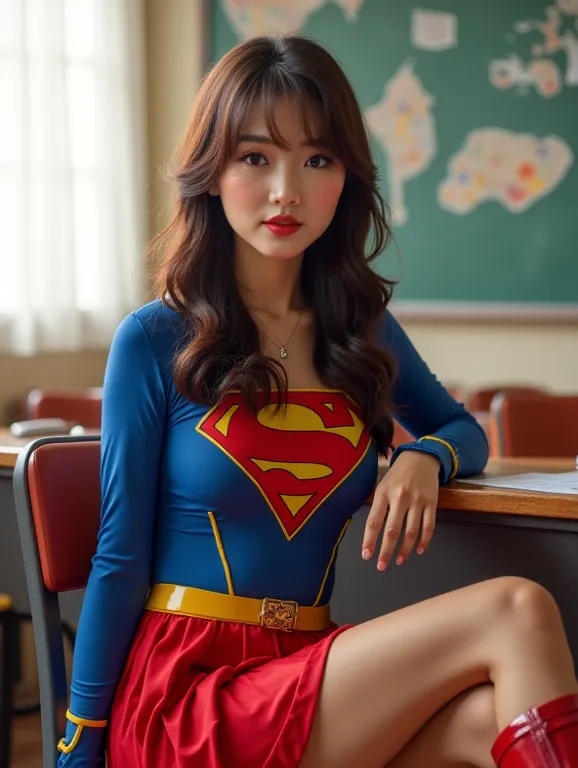 masterpiece,Japanese supergirl is sitting at her school desk with her legs open、 Watch Viewers with Big Breasts 、looks at the camera、 Shiny Enamel Costume 、 shiny red enamel long boots、 shiny red skirt、choker、

full body image of a cute Japanese woman in h...