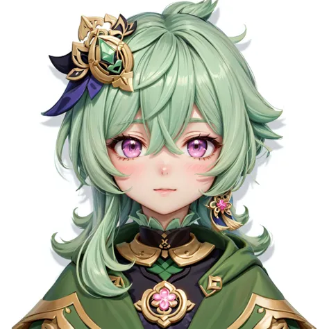 cartoon image of a girl with green hair and green cloak,  Ayaka from Genshin Impact , Genshin Impactのキャリング, Genshin,  Ayaka from Genshin Impact ゲーム, girl in a portrait of a knight of the twelve constellations, pink, Genshin Impact&#39;s Zhongli, discord pf...