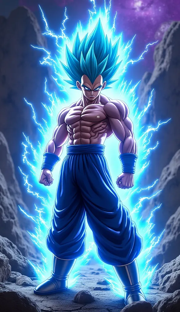 The powerful, muscular warrior vegeta from the dragon ball universe stands in a dramatic, energy-charged setting, his intense expression radiating absolute strength and focus. His spiky, shining azure-blue hair glows with an almost divine brilliance, contr...