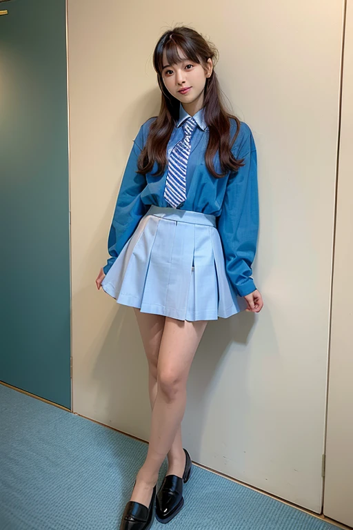 Japanese model in blue shirt and skirt posing for a photo,  y2k style, Araf girl in a blue shirt and skirt posing for a picture, Blue clothes, wearing a school uniform, looks at the camera、 beautiful eyes in every detail 、 cute smile、 Gentle and gentle exp...