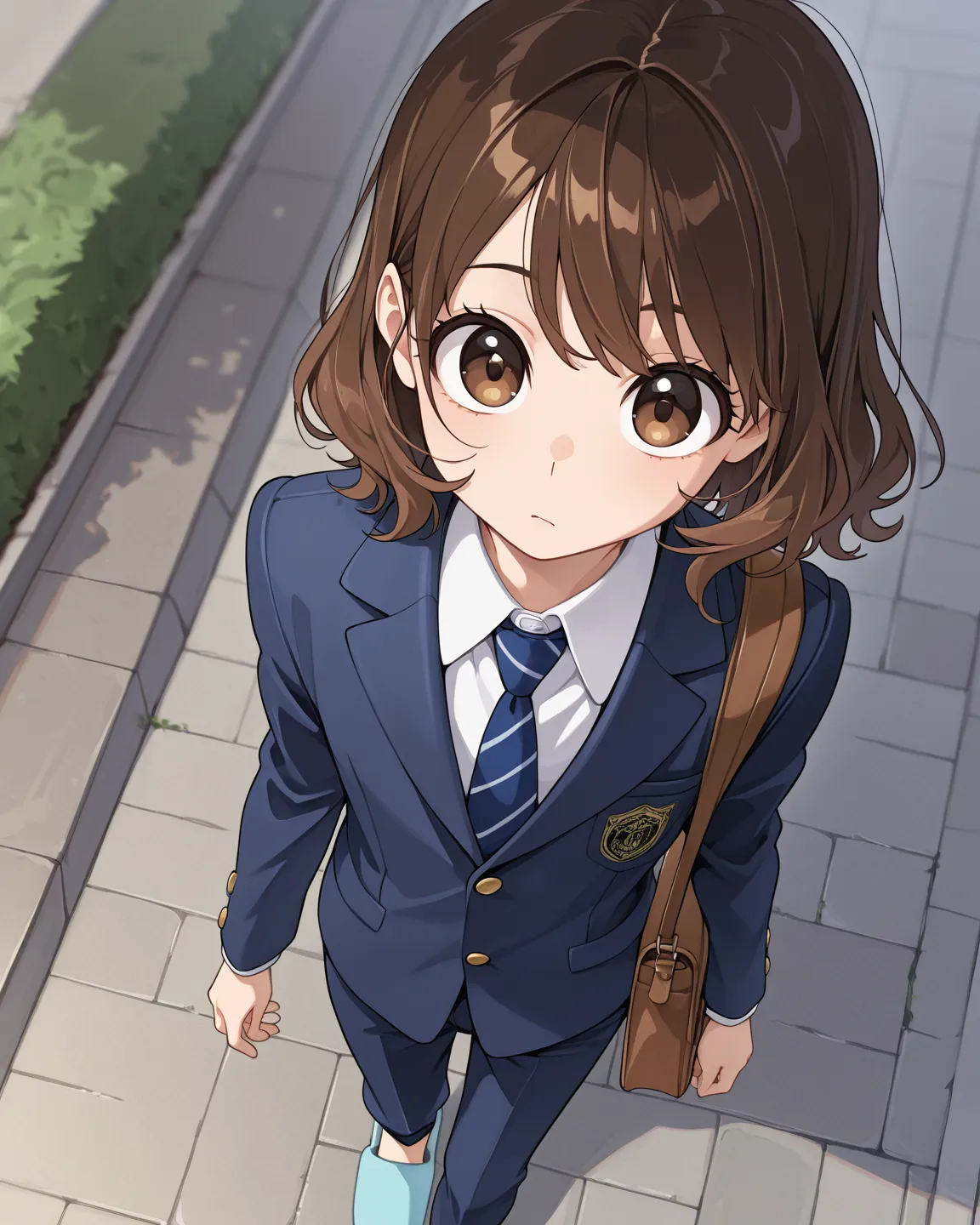 Tall, skinny boy, short wavy brown hair, brown eyes, curious look, school uniform jacket with tie, white school shirt, school pants, slippers, looking at viewer, from above, solo, sidewalk, japanese bag