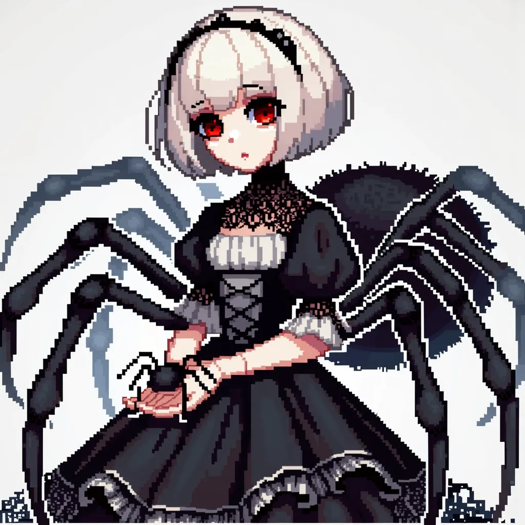  pixel art,white short hair, red eyes,black dress, black headband ,Spider lower body,best quality