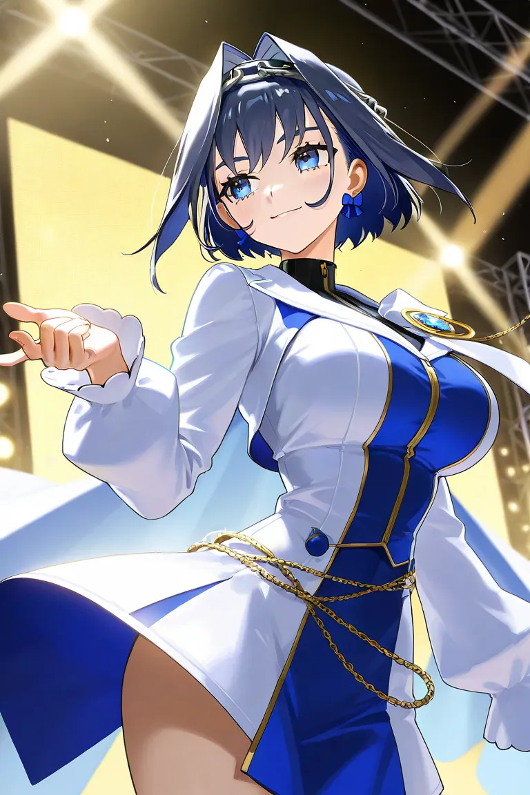 Ouro Kronii, solo, Short hair, chain hair ornament, Hair intake, large breasts, chain hair ornament, blue eyes, bright costume, on stage, live stage, smile