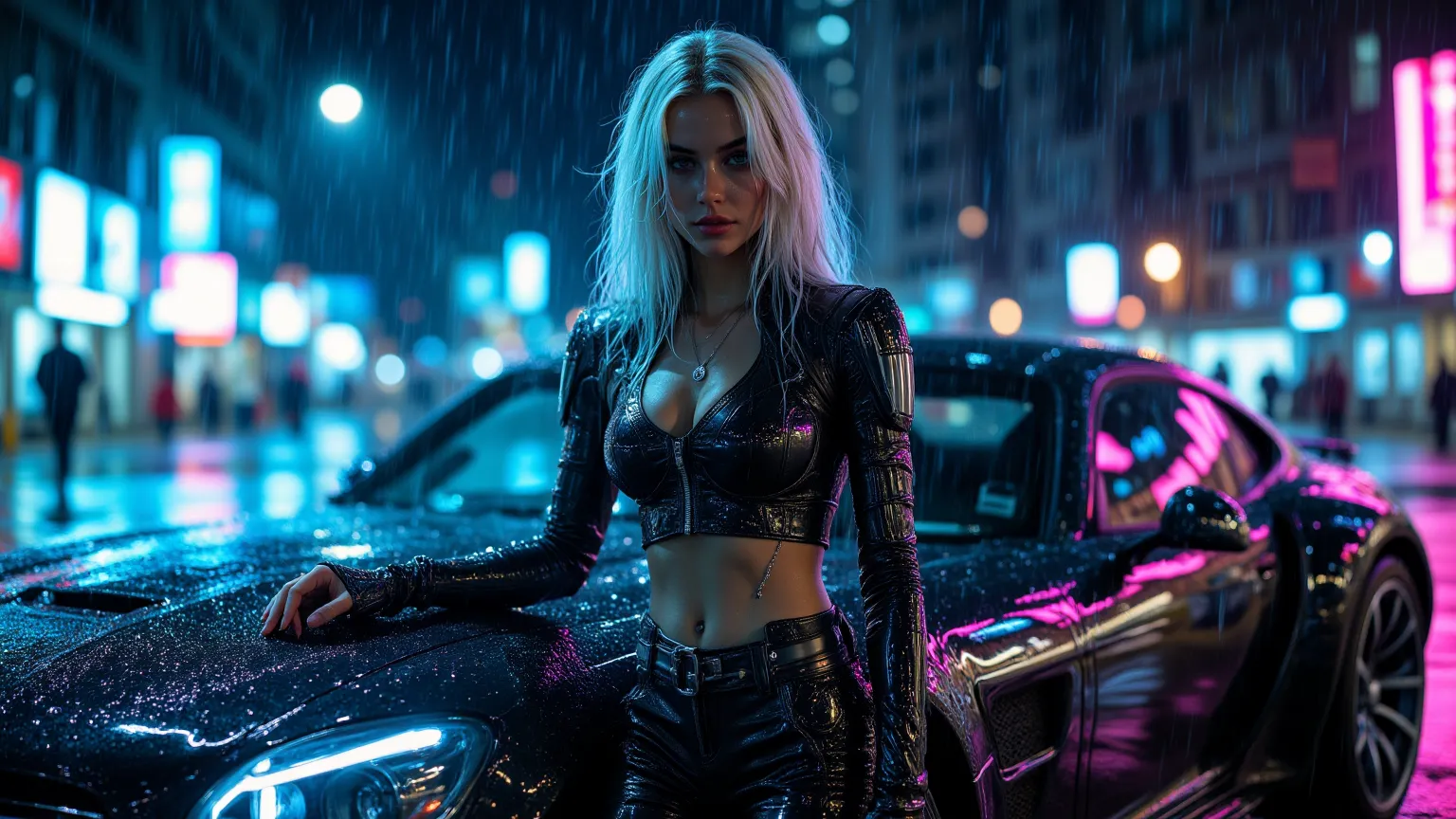 A stunning girl with long, platinum blonde hair stands under the rain next to a sleek cyberpunk-style car with glowing neon lights. She wears a black leather crop top with a front zipper and tight high-waisted pants with metallic details. Her hand rests on...